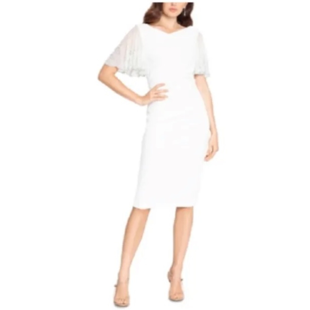 Betsy & Adam White Dress with Sheer Sleeves